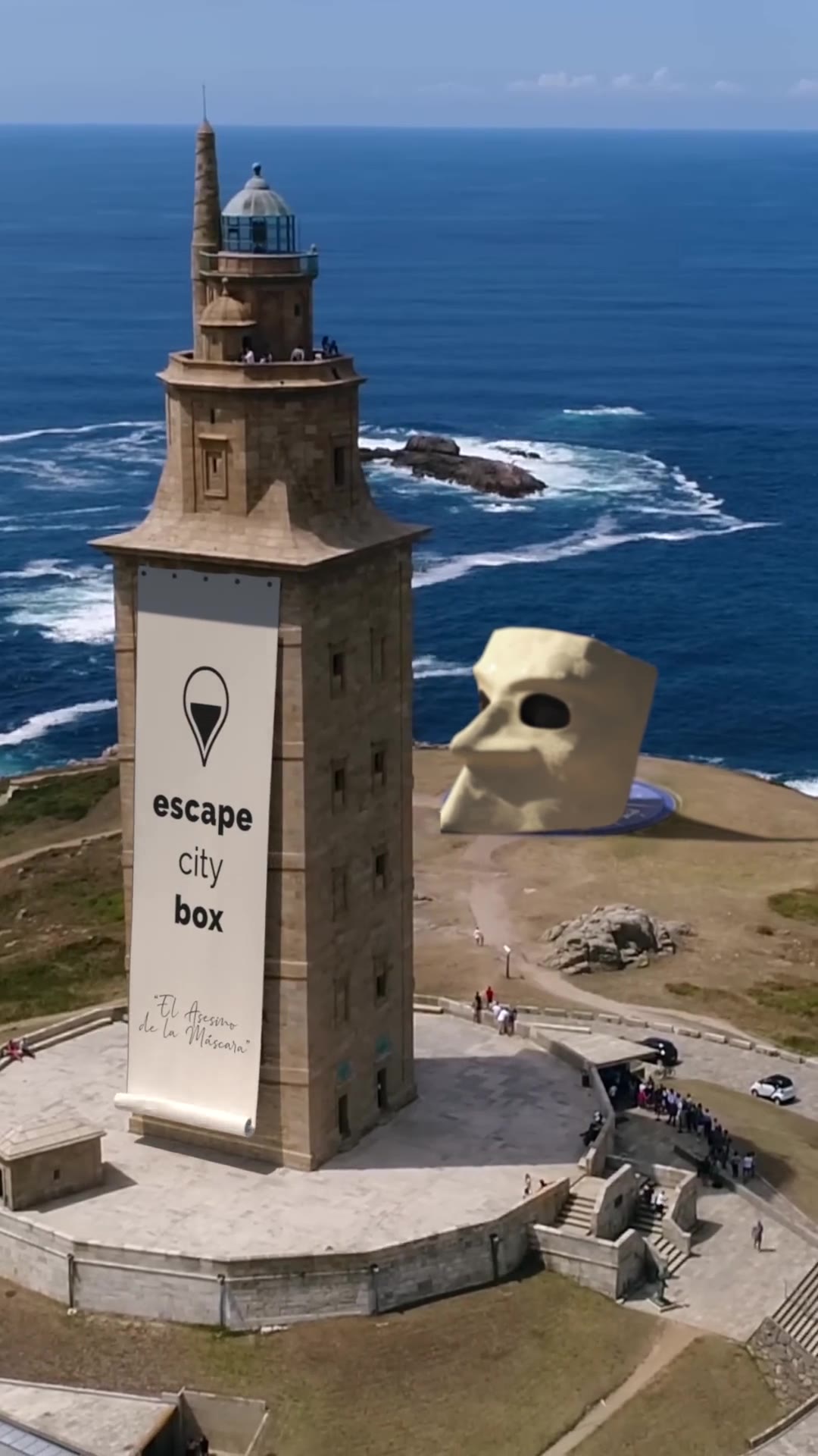 Escape City Box branded tower scene with the mask by the coast