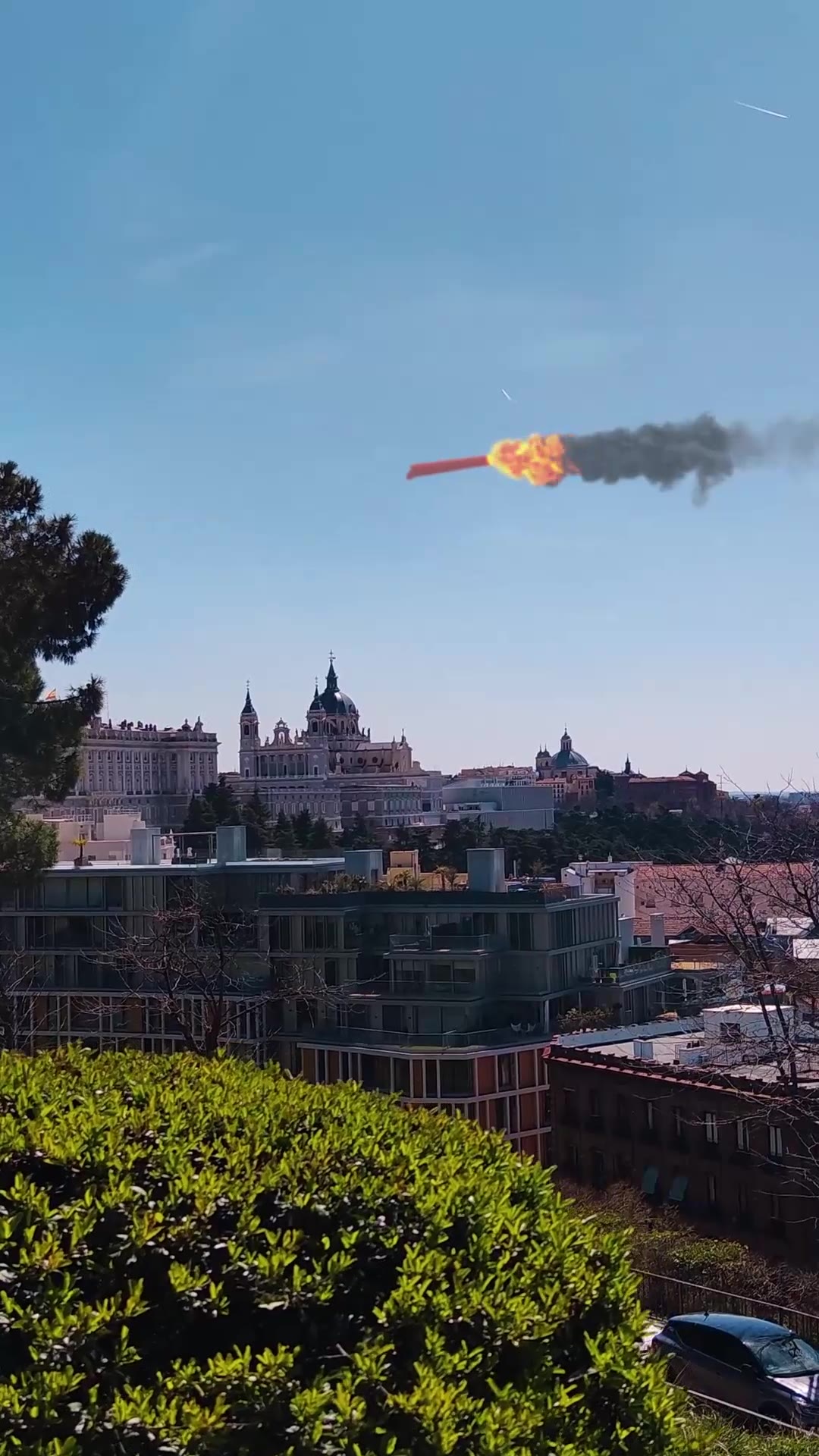Flaming Takis crossing Madrid's skyline in the TAKIS FOOH piece