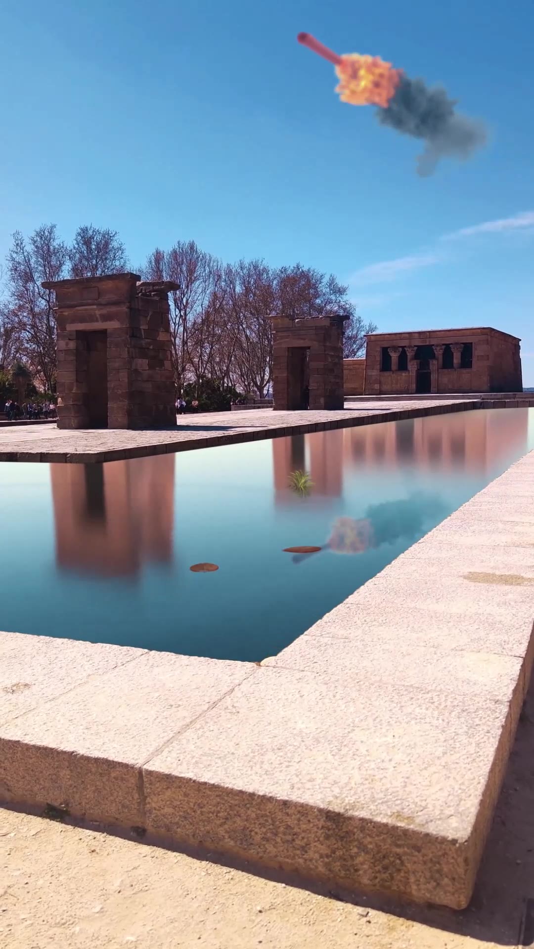 Takis fire trail passing over Templo de Debod in the TAKIS FOOH piece